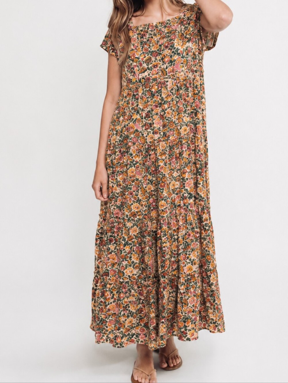 Natural Life Berkley Maxi Dress Size L Tan Floral Boho Tiered Rayon Dress